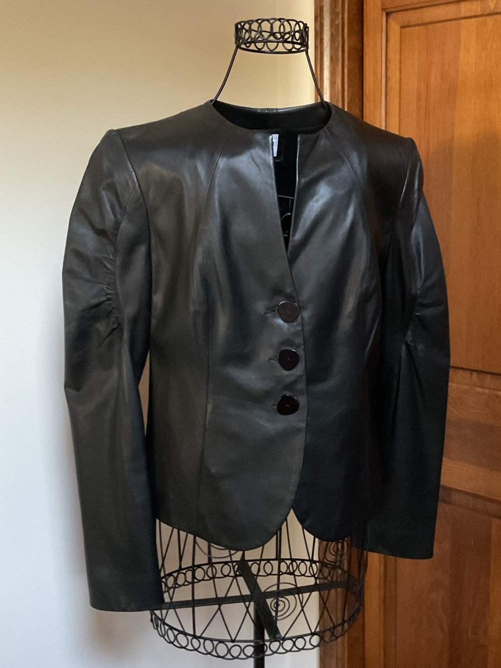 Vintage Black Leather Women's Jacket - Round Neck, Three-Button Front, 6